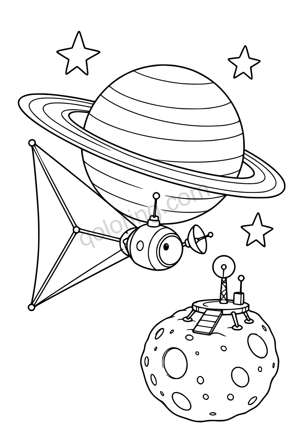 Black outline drawing of a solar-sail spacecraft beside a ringed planet and small moon base.
