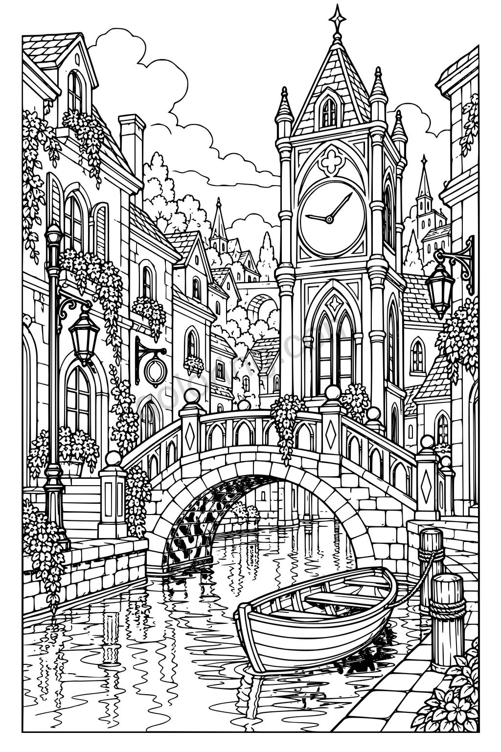 Clock tower above an arched canal bridge, with flowered buildings, a moored rowboat and reflections in the water.