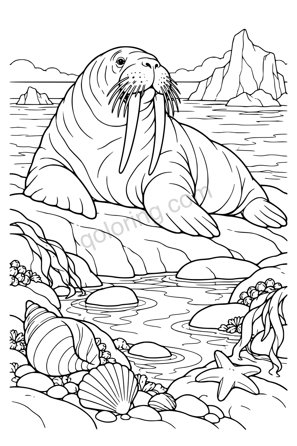 Black outline drawing of a walrus beside an Arctic tide pool.