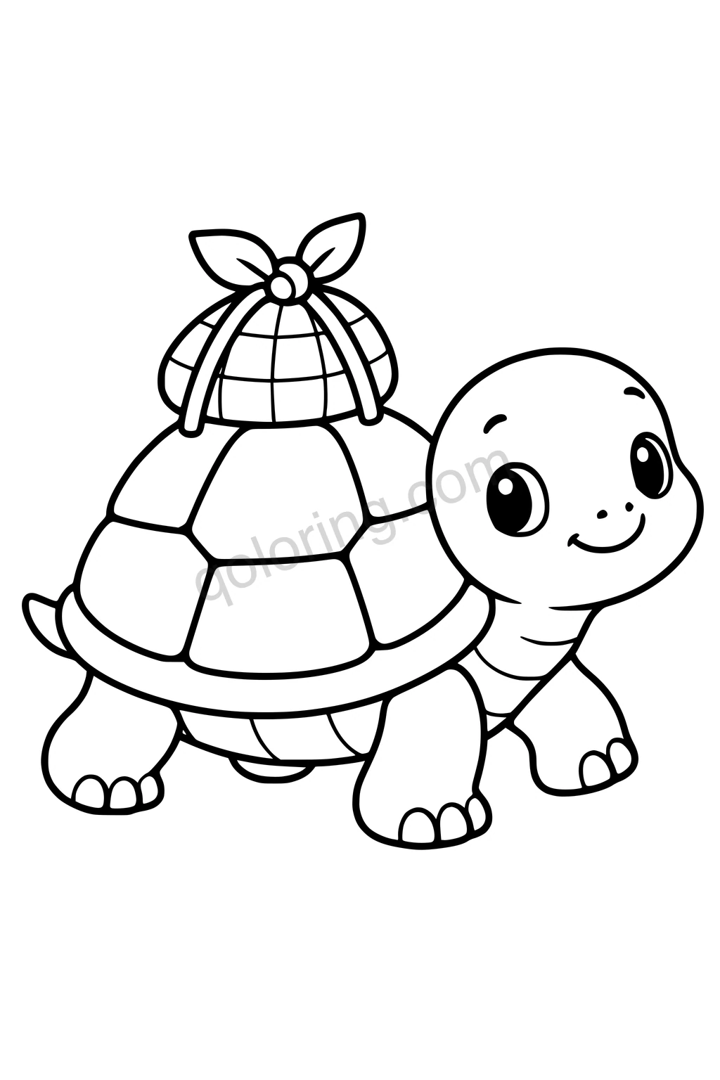 Black outline coloring page: Turtle with a Picnic Bundle.