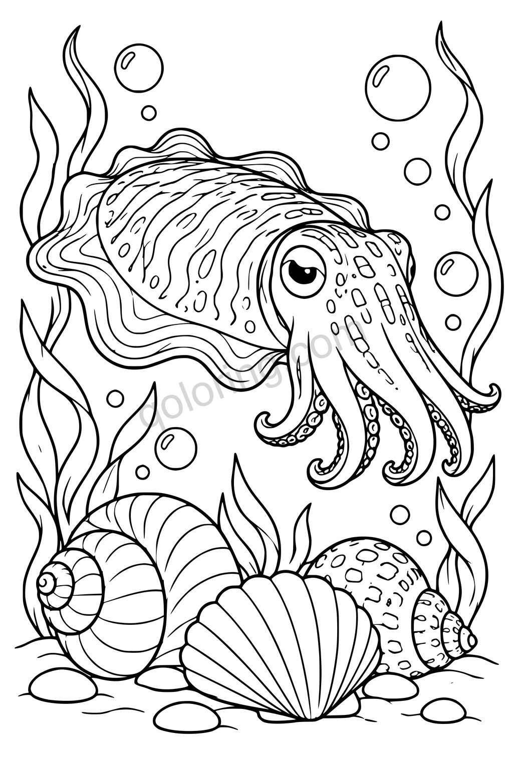 Black outline drawing of a cuttlefish over a shell bed.