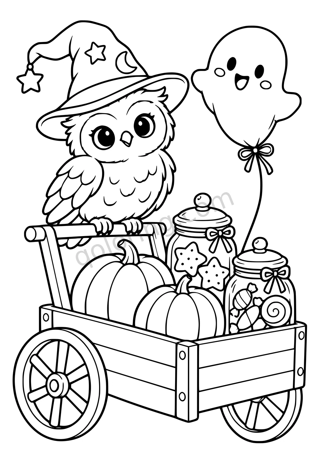 An owl in a witch hat perches on a wooden cart holding pumpkins and treat jars beside a ghost balloon.
