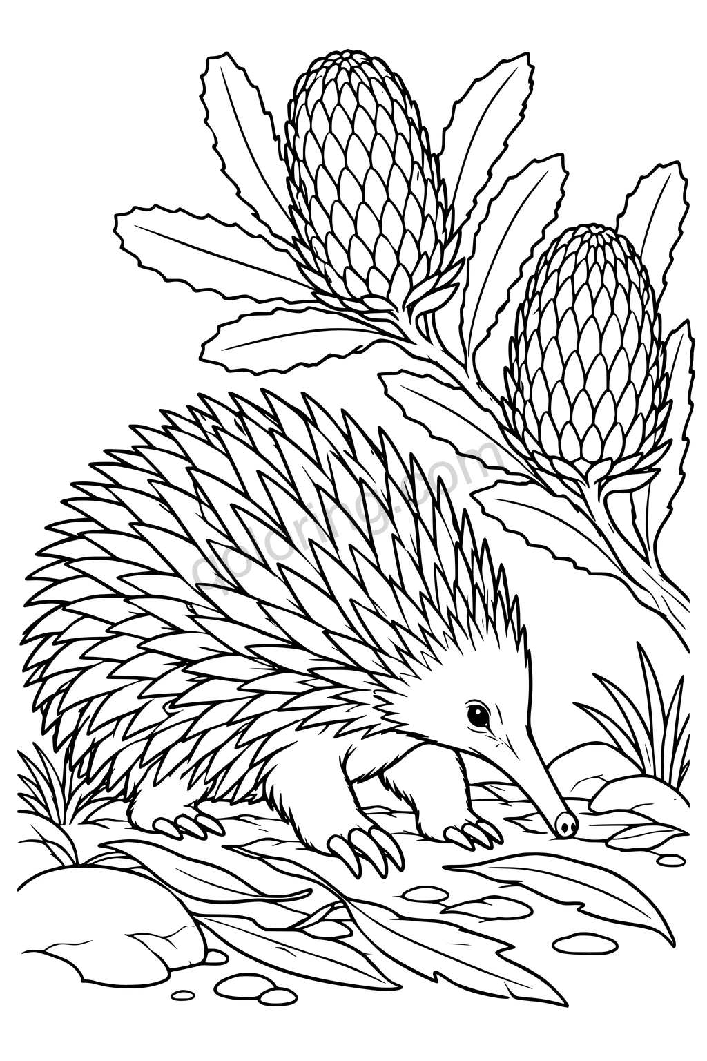Black outline drawing of an echidna beside banksia cones.
