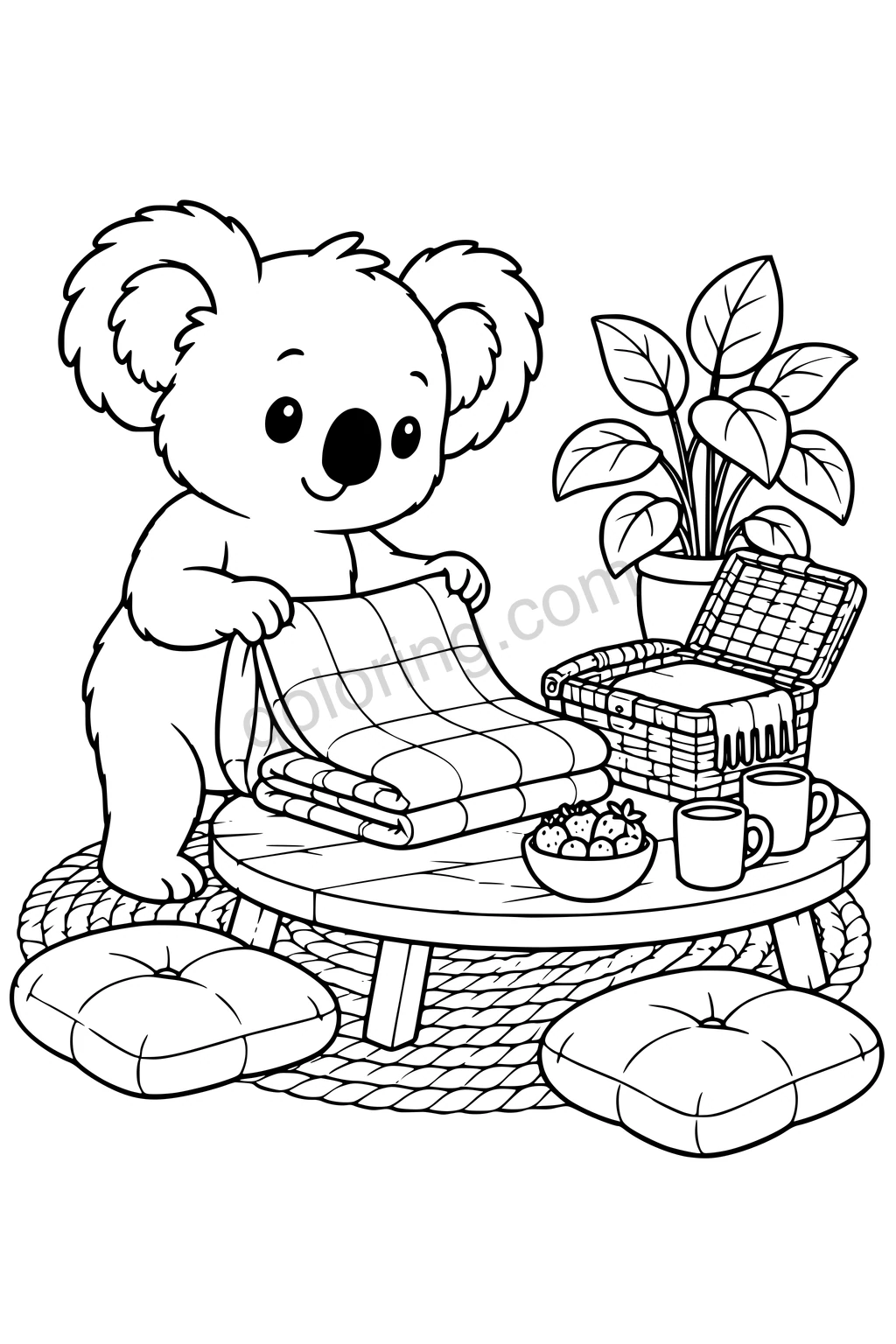Black outline drawing of a koala standing beside a low table folding a large blanket into broad sections, with an open picnic basket, two cups and a small bowl of fruit.