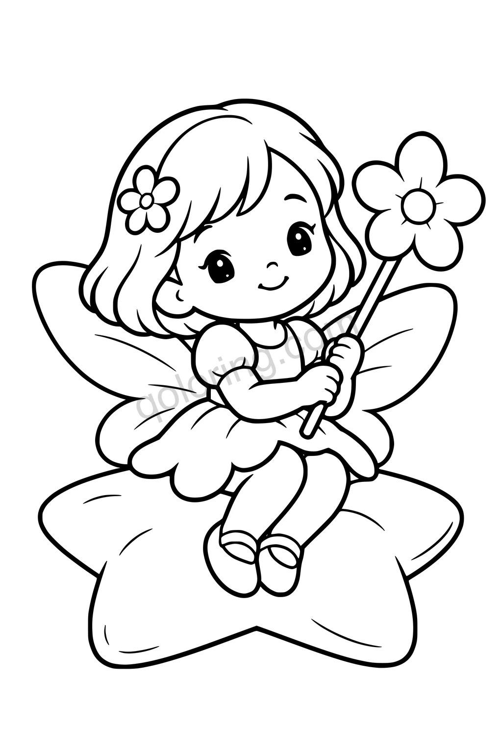 Black outline coloring page: Star Fairy with a Flower Wand.