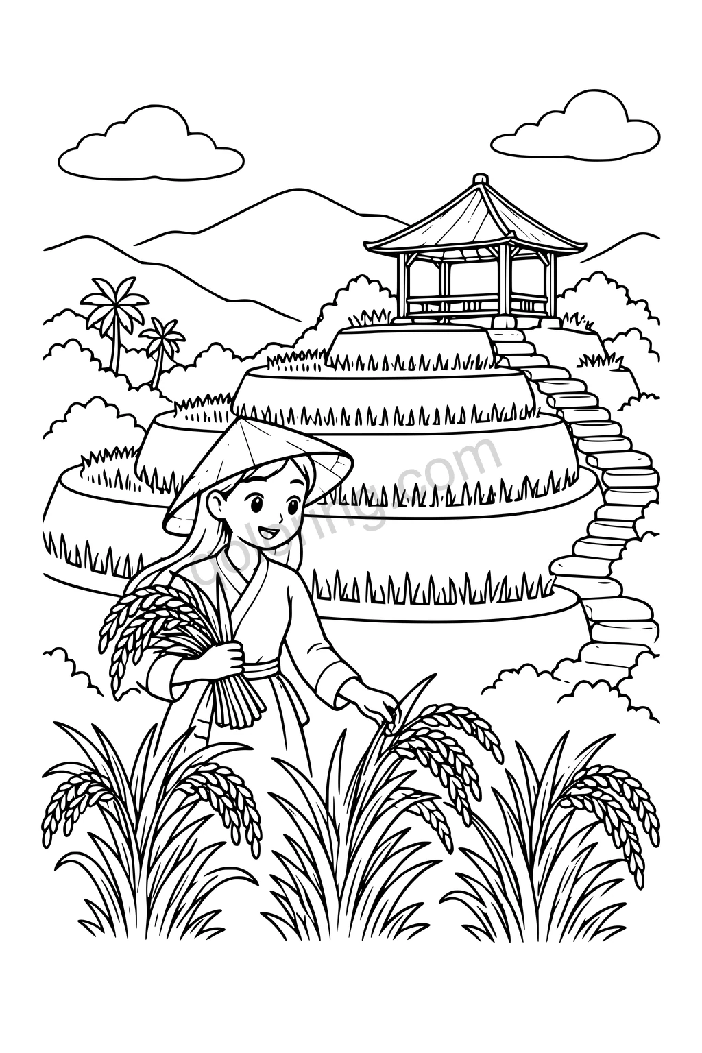 Black outline drawing of a girl gathering rice beside terraced fields and a pavilion.