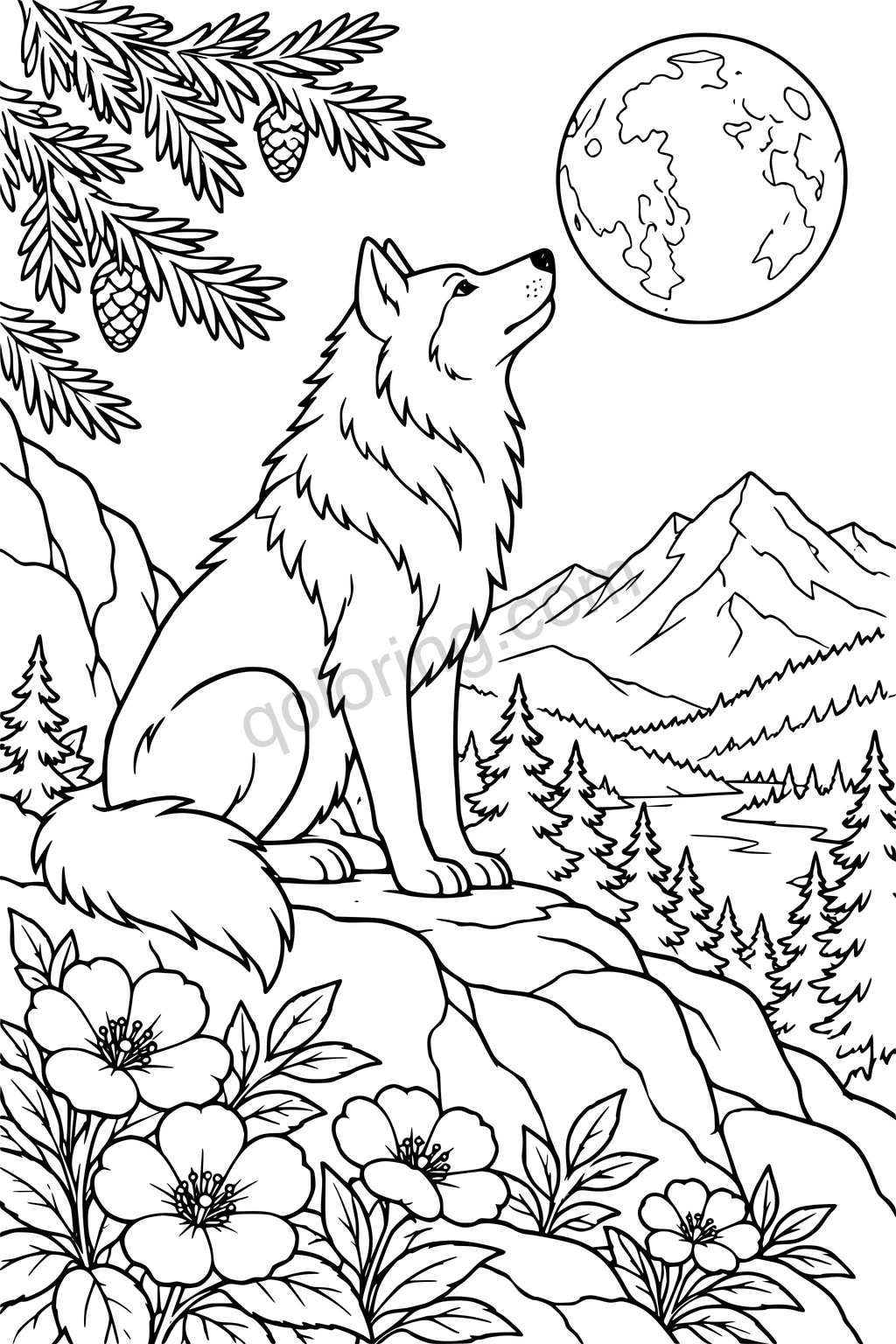 A wolf sits on a rocky ridge beneath the moon, with pine branches, distant mountains and flowers.