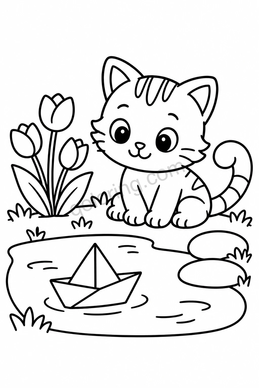 A striped kitten watching a paper sailboat on a pond beside tulips and two smooth stones.