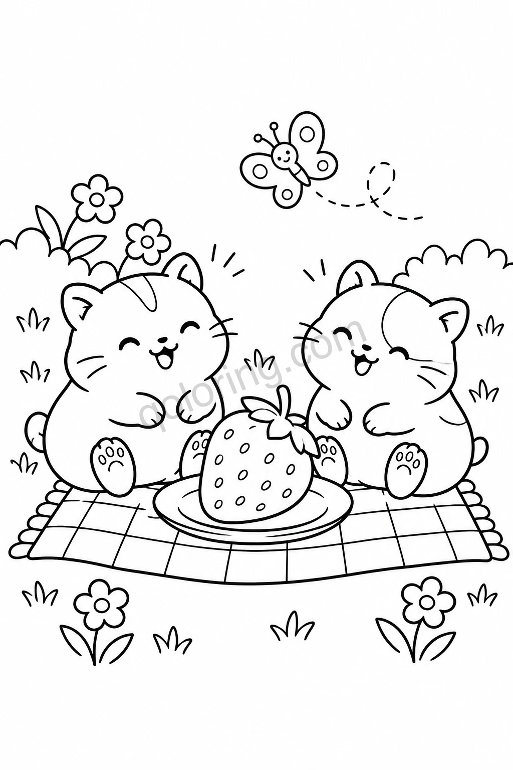 Two small cartoon animals beside a strawberry on a plate, on a checked picnic blanket with flowers and a butterfly.