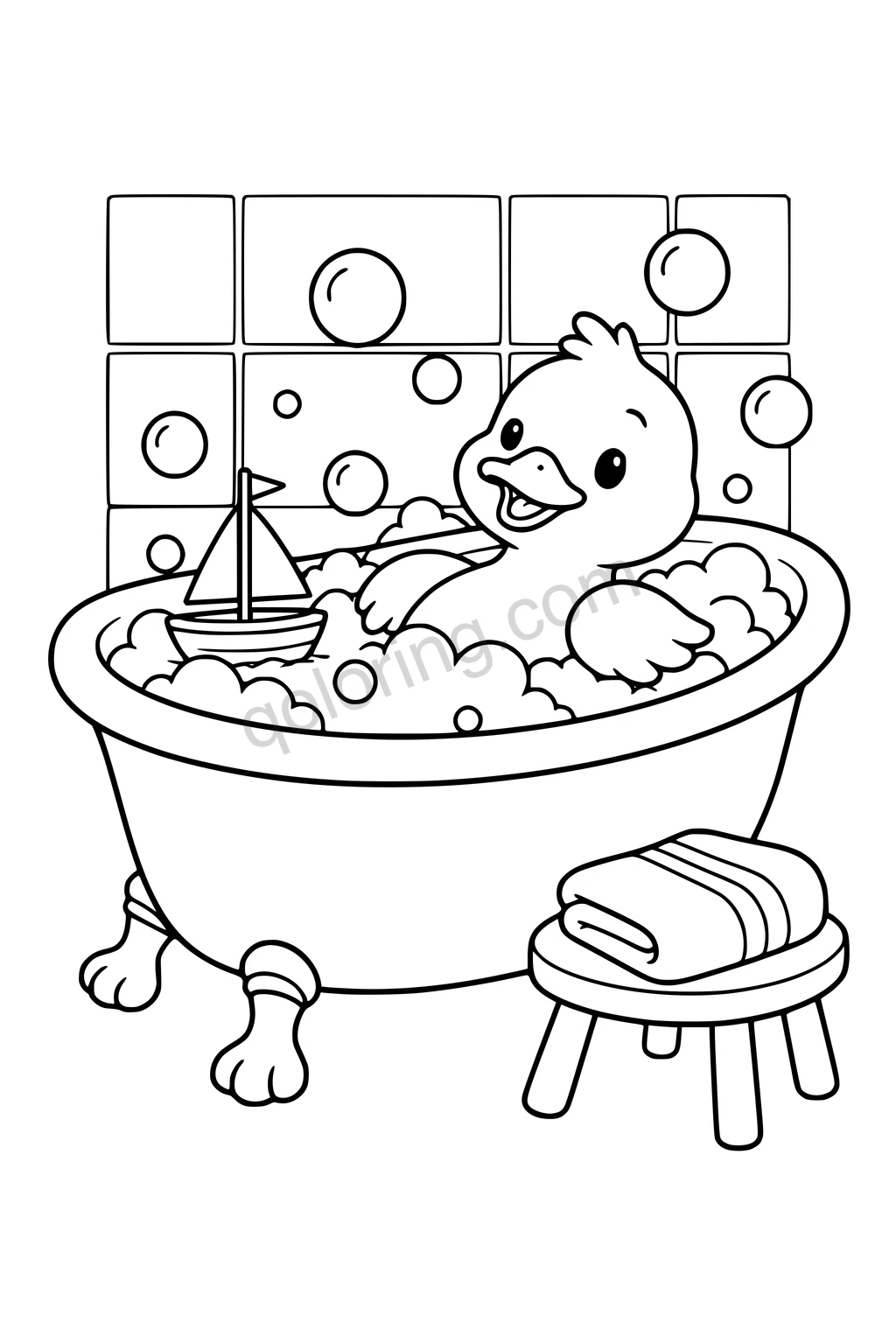 Black outline drawing of a duck reclining in a rounded clawfoot bathtub with large open-outline bubbles, a floating toy boat and a folded towel on a small stool; simple tiled wall with large tiles.