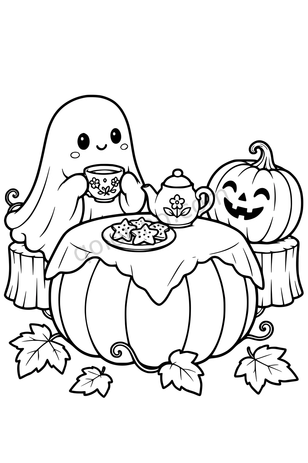 A smiling ghost holds a teacup at a pumpkin table with cookies, a teapot, a jack-o-lantern and autumn leaves.