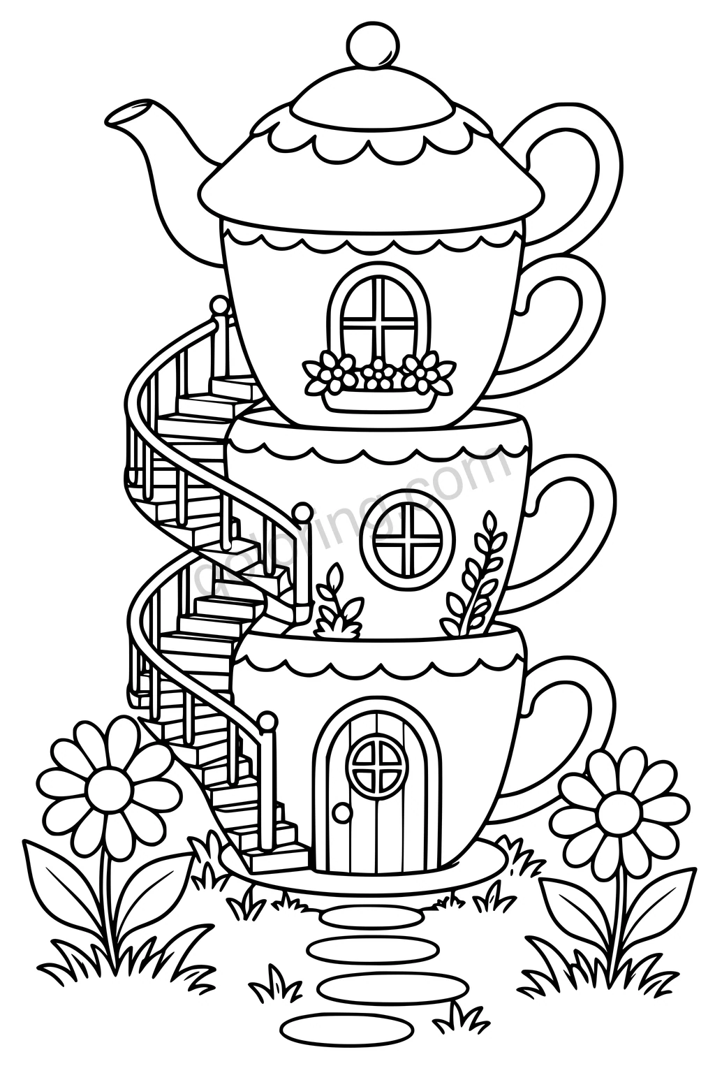 Black outline drawing of a house made from stacked teacups with a teapot roof, spiral stairs, and flowers.
