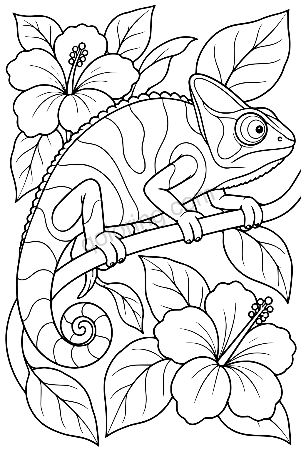 A chameleon grips a vine among two large hibiscus flowers and broad leaves, with a spiral tail and outlined body bands.
