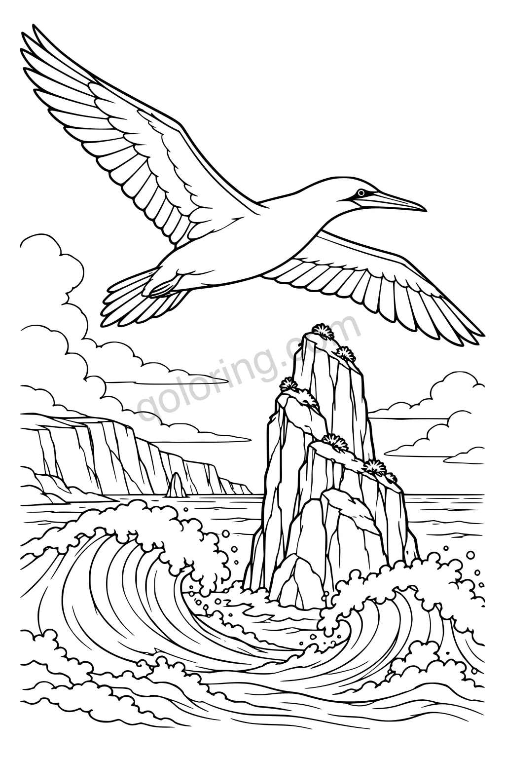 Black outline drawing of a gannet above a sea stack.