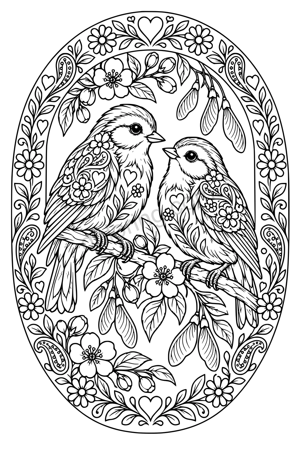 Two birds with floral feather patterns face each other on a branch inside an oval border of flowers, leaves and hearts.