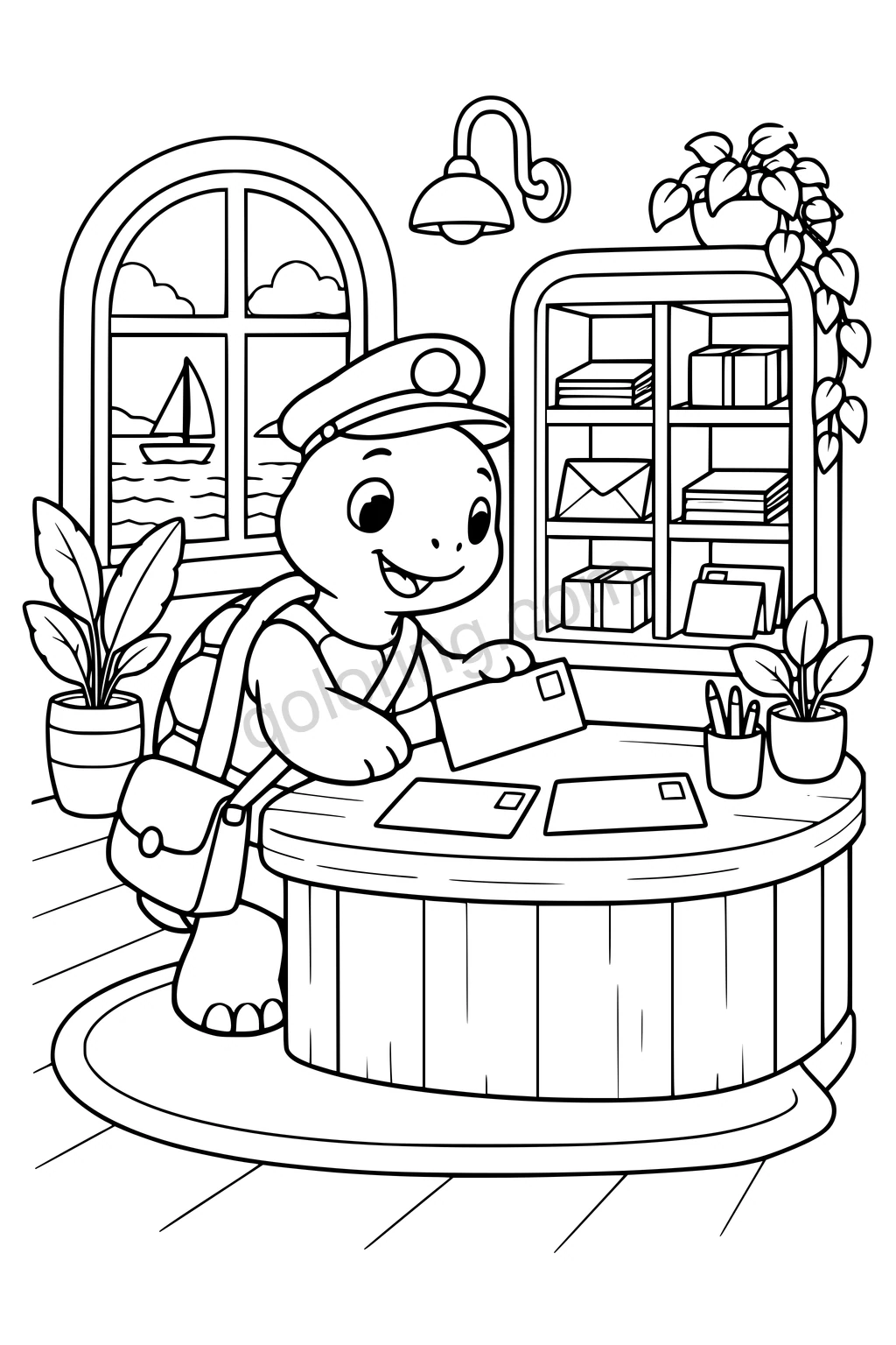Turtle postal clerk sorting envelopes at a counter with parcel cubbies, a satchel, and a sailboat outside.