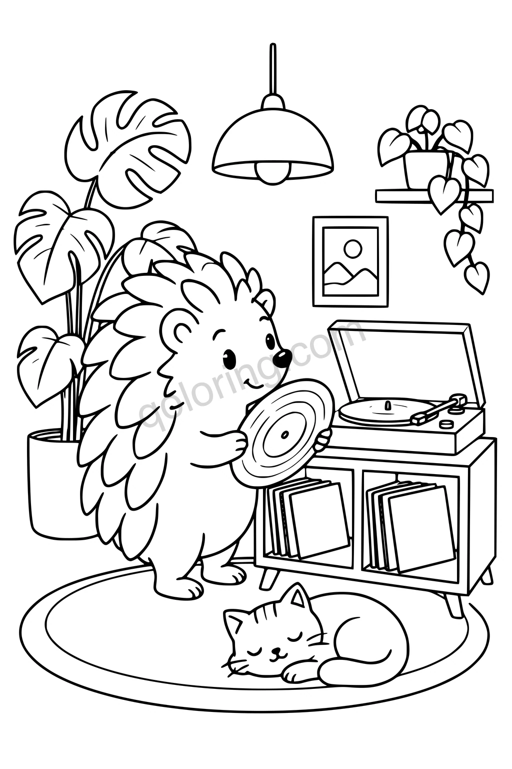 Hedgehog holding a record beside a turntable, record cabinet, houseplants, and sleeping cat.