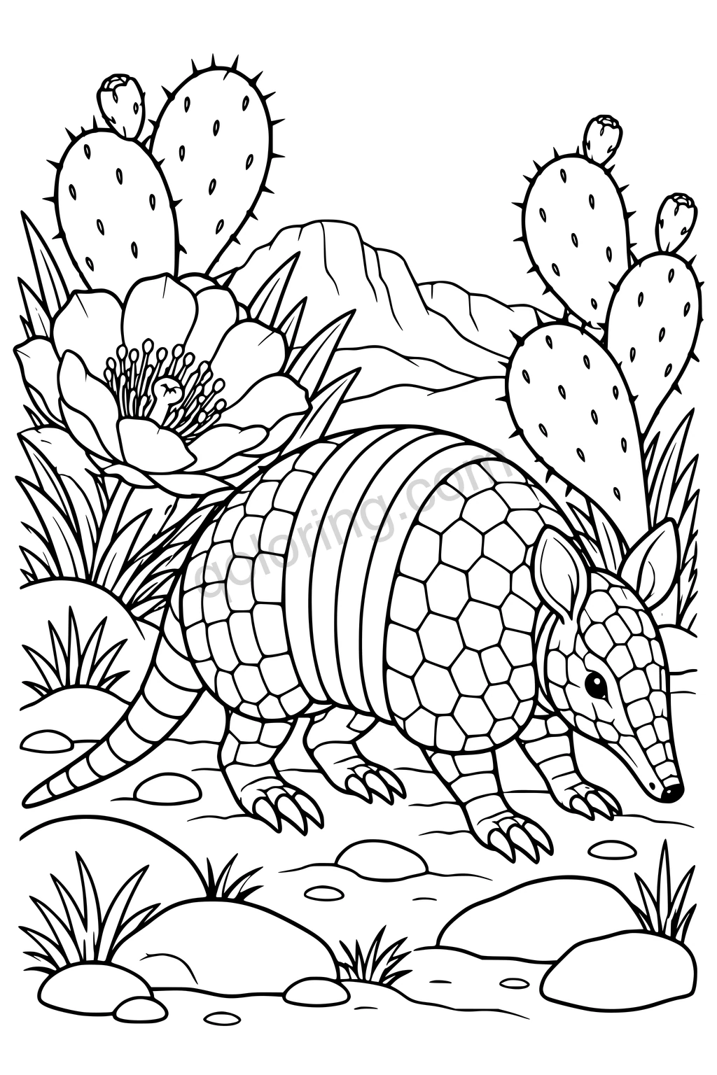 Black outline drawing of an armadillo in a cactus clearing.