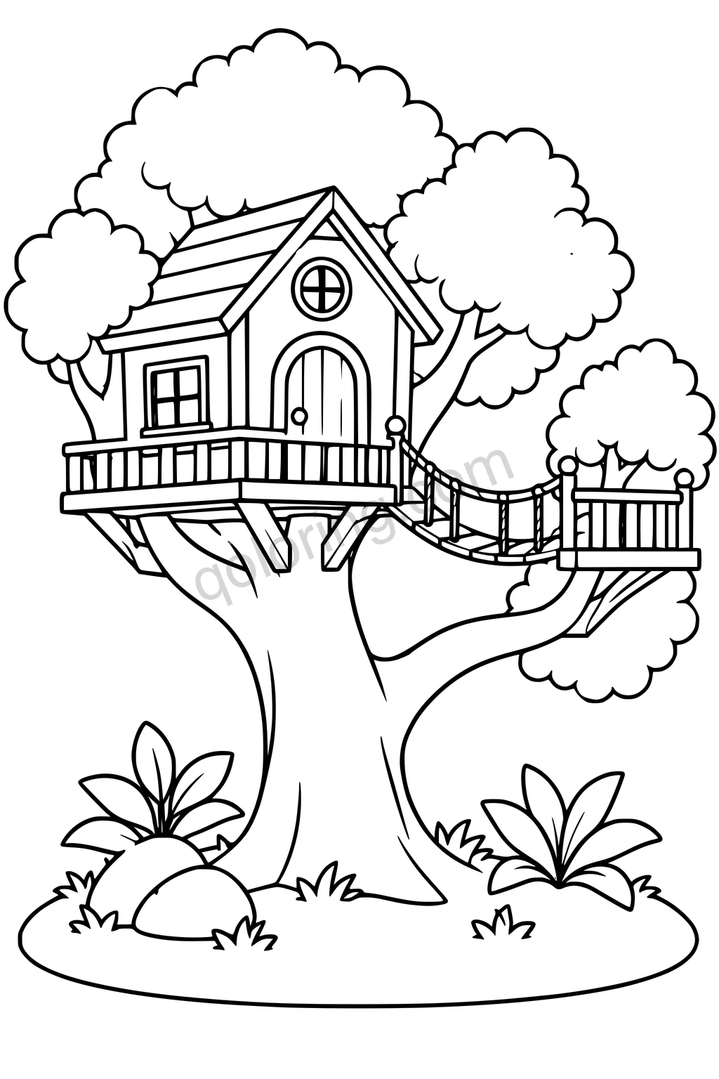 Black outline drawing of a treehouse with a balcony and rope bridge connecting to a branch platform.