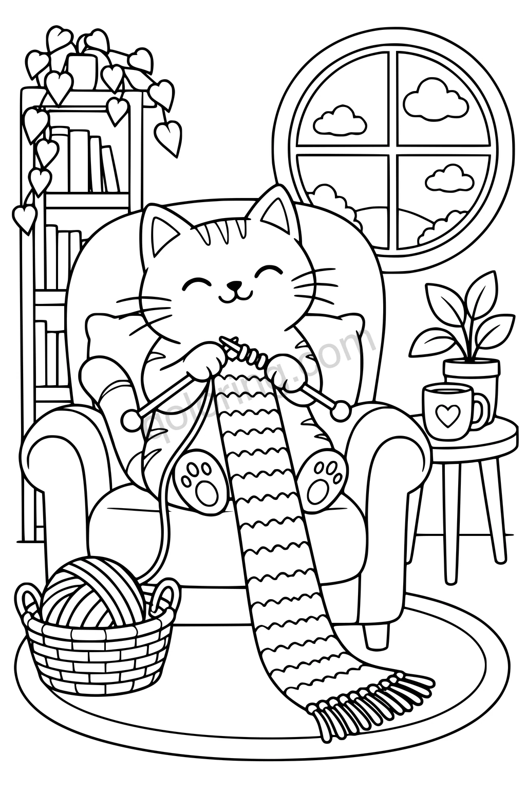 Cat knitting a scarf in an armchair with a yarn basket, round window, mug, and houseplants.