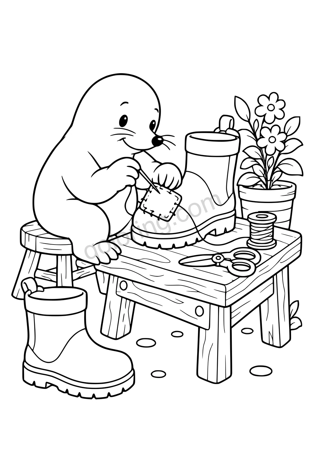 Black outline drawing of a mole seated beside a small workbench sewing a broad patch onto one large garden boot, with a spool, blunt scissors and the matching boot on the floor.