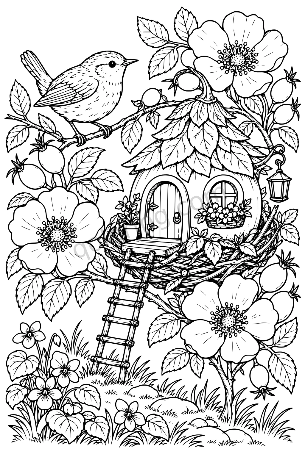 A wren perches beside a leaf-roofed cottage set in a nest, surrounded by rosehips, roses and a ladder leading to the ground.