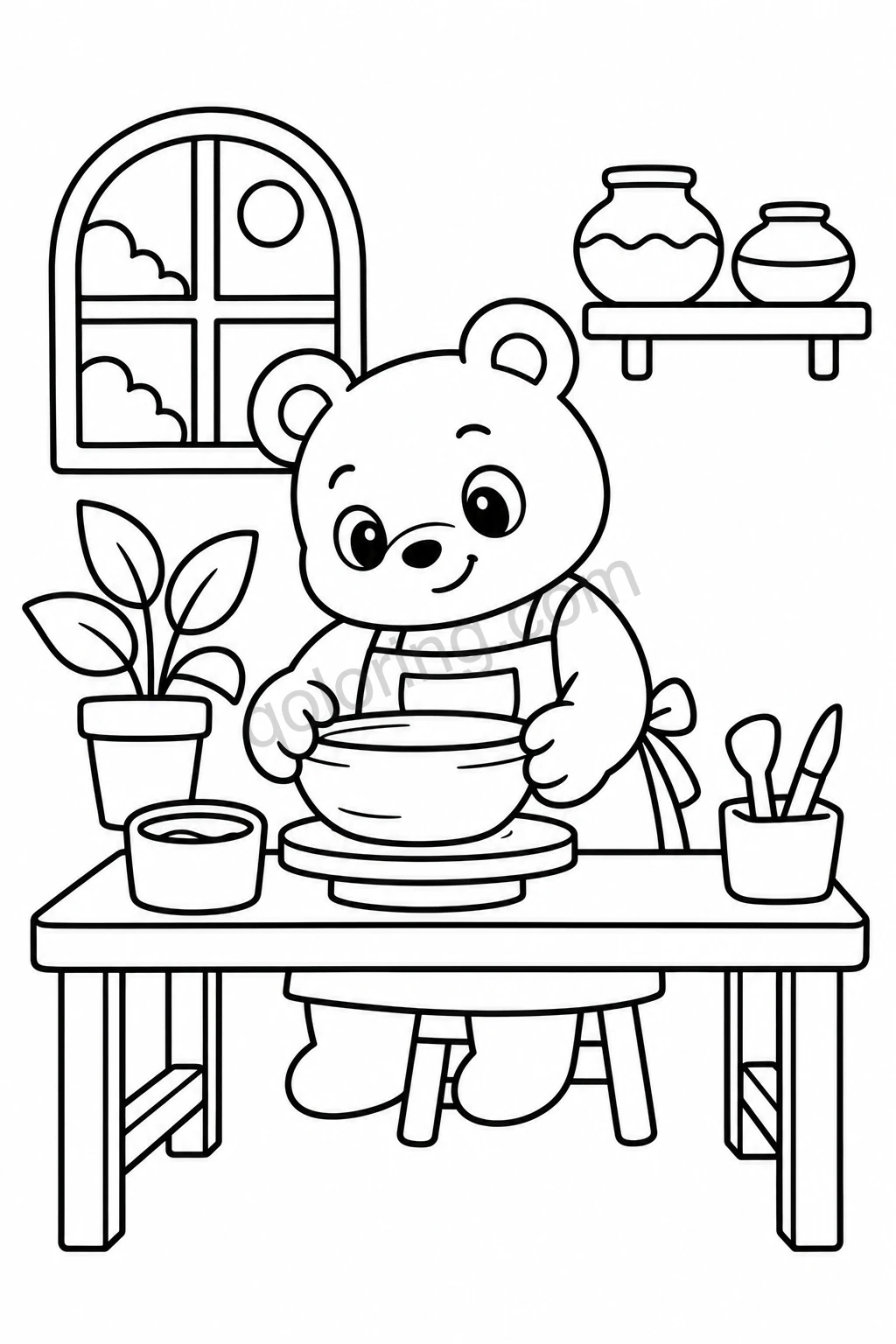 An apron-wearing bear shaping a clay bowl at a pottery wheel with tools, a plant and handmade pots nearby.