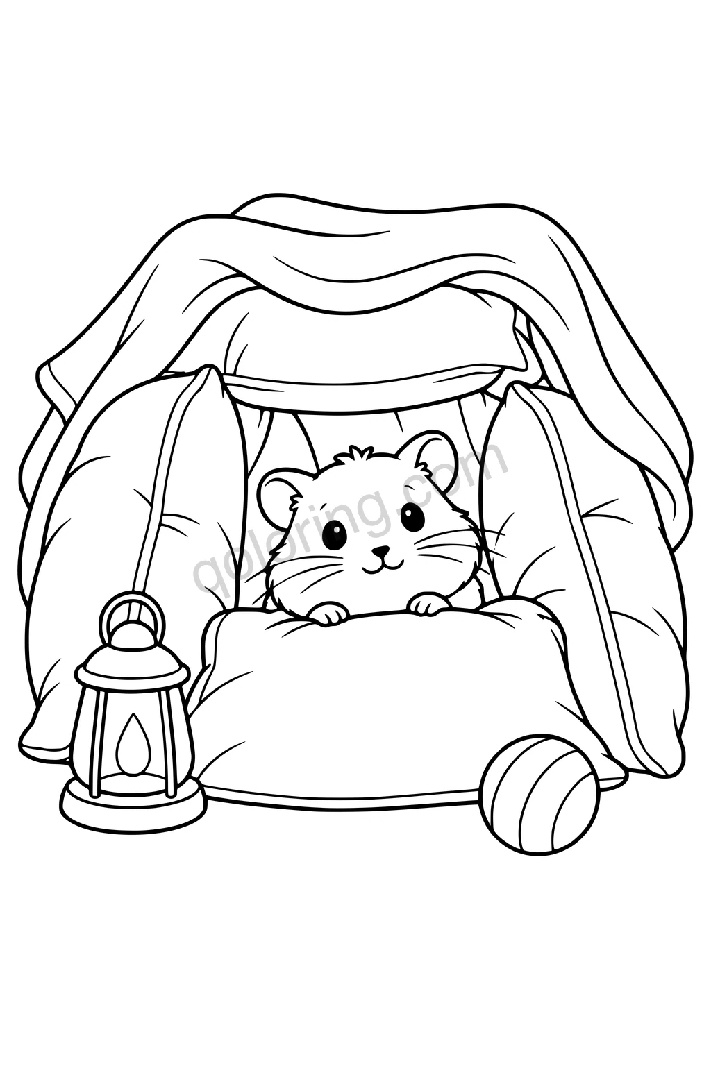 Black outline drawing of a hamster peeking from a simple cushion fort made from four broad pillows and a draped blanket, with a small lantern and one toy ball outside.