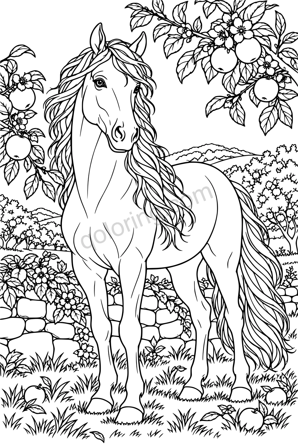 A horse with a flowing mane stands in an apple orchard beside a low stone wall, surrounded by fruit trees, flowers and grass in a detailed outline illustration.