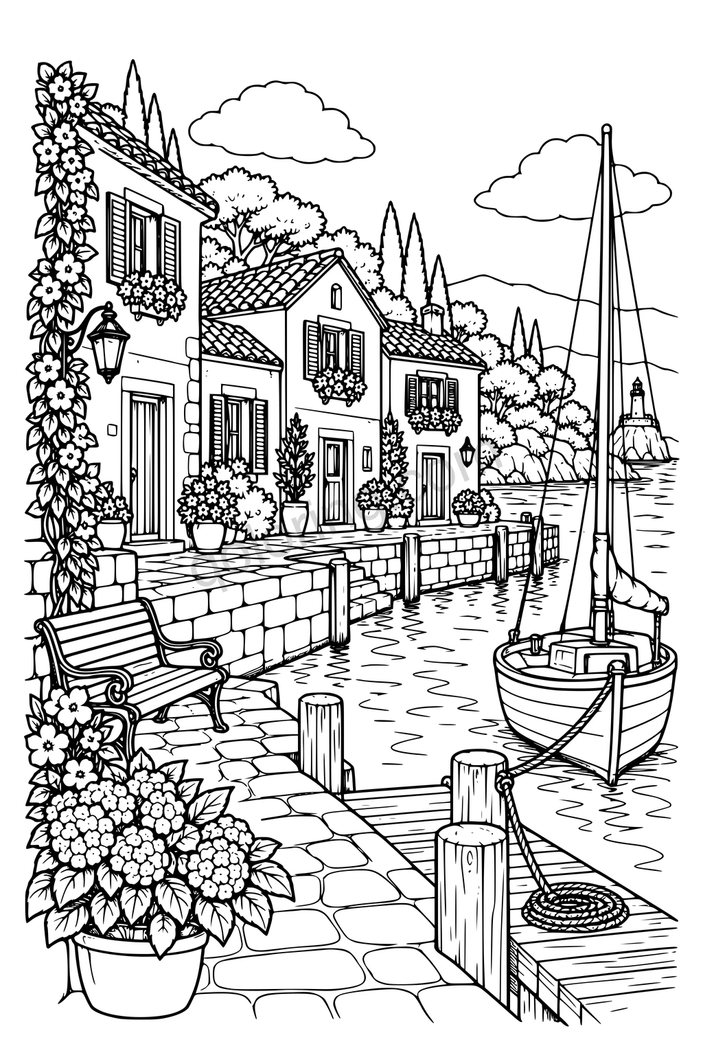 Moored sailboat beside a stone waterfront with a bench, flowerpots and shuttered houses; a small lighthouse stands in the distance.