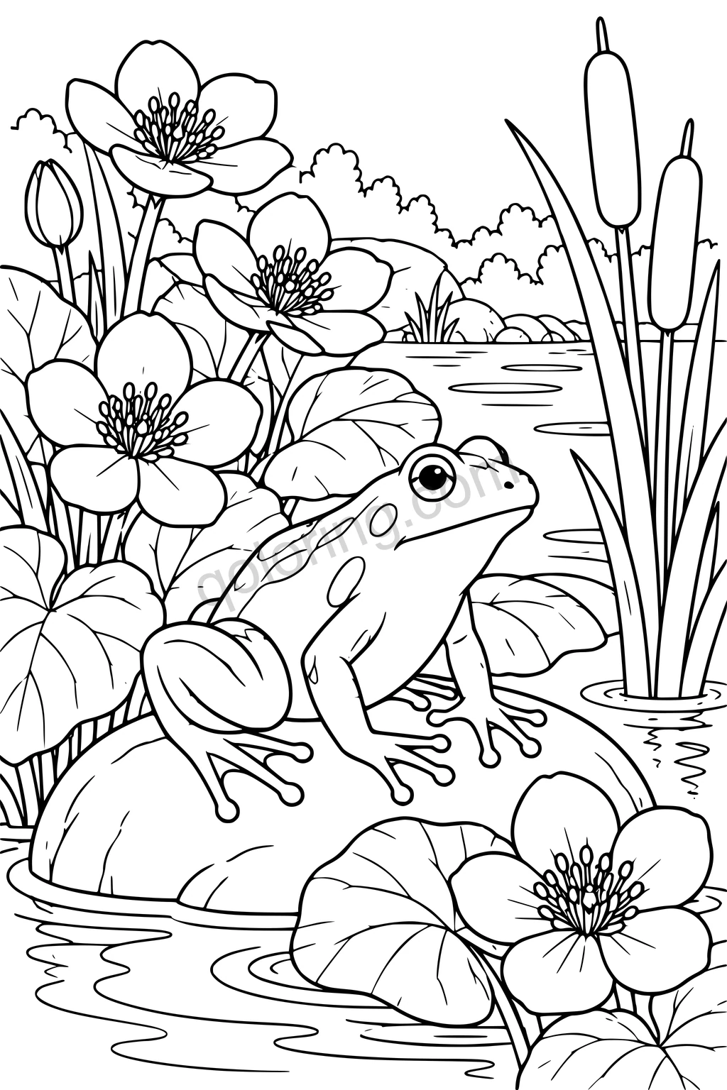 A frog sits on a smooth waterside stone among marsh flowers, broad leaves and cattails.