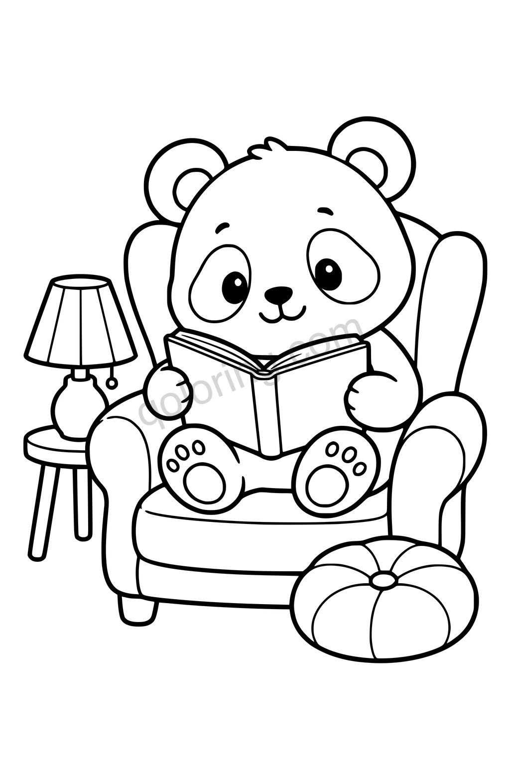 Black outline coloring page: Panda Reading Corner.
