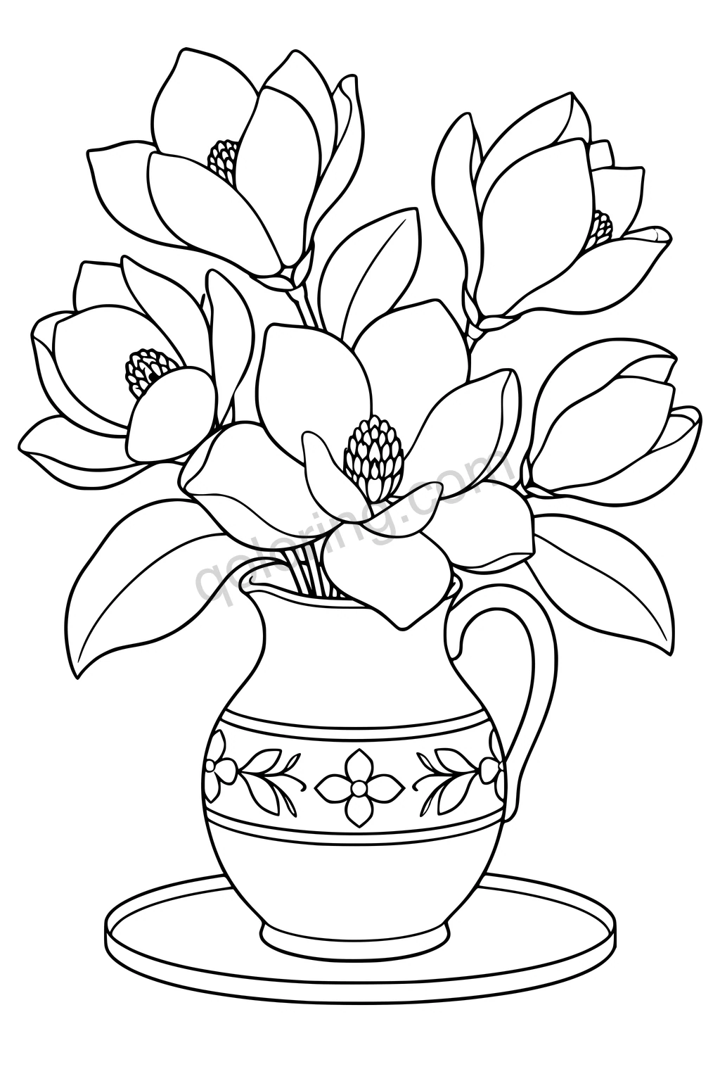 Black outline drawing of five magnolia flowers in a decorated pitcher on an oval tray.