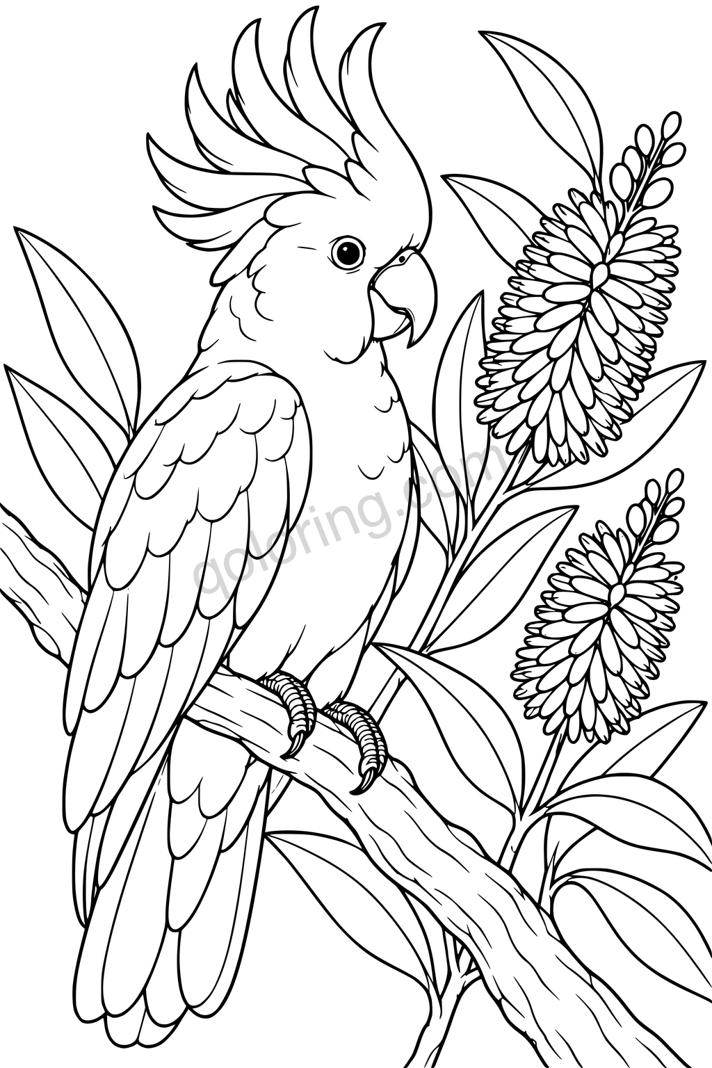 A cockatoo with a raised crest perches on a branch beside elongated flower clusters and broad leaves.