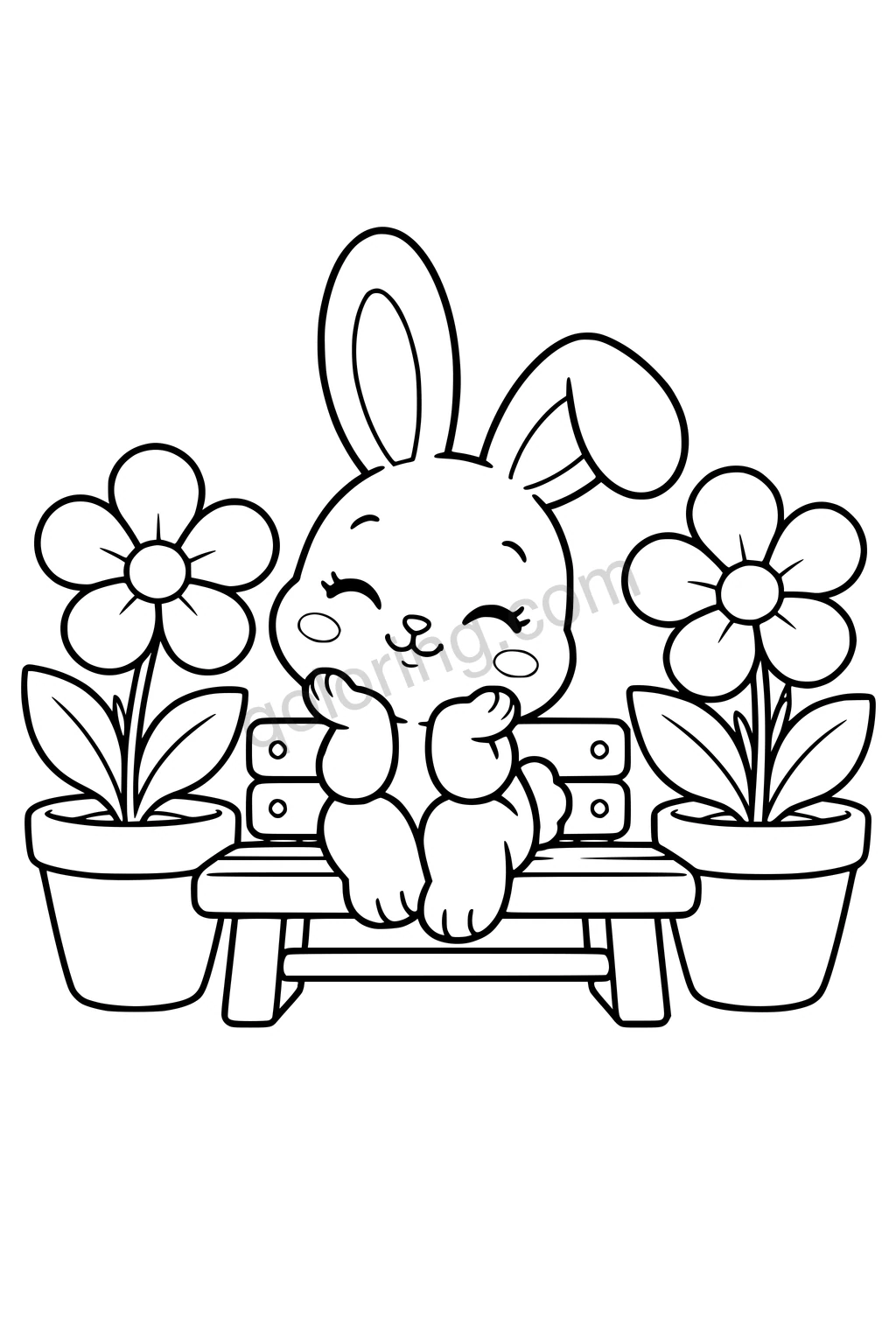 Black outline coloring page: Bunny's Cozy Garden Bench.