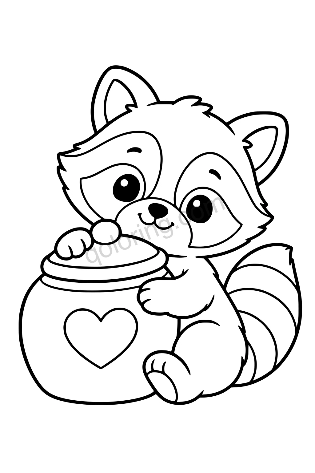 Black outline coloring page: Raccoon and the Cookie Jar.