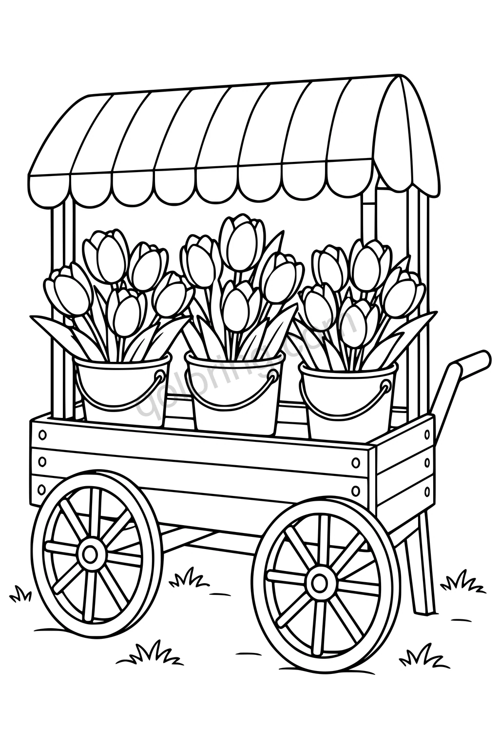 Black outline drawing of a covered wooden flower cart carrying three buckets of tulips.