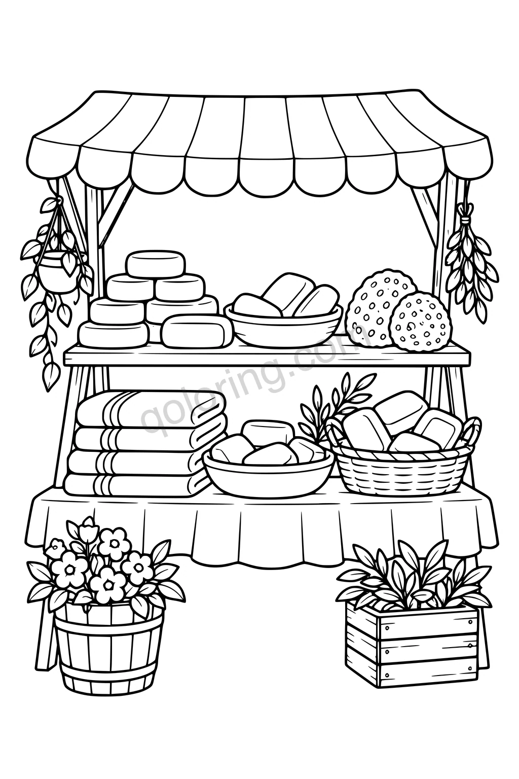 Black outline drawing of a small open market stall with broad rounded soap bars, two simple natural sponges, a shallow bowl and folded towels on spacious shelves, no labels or text.