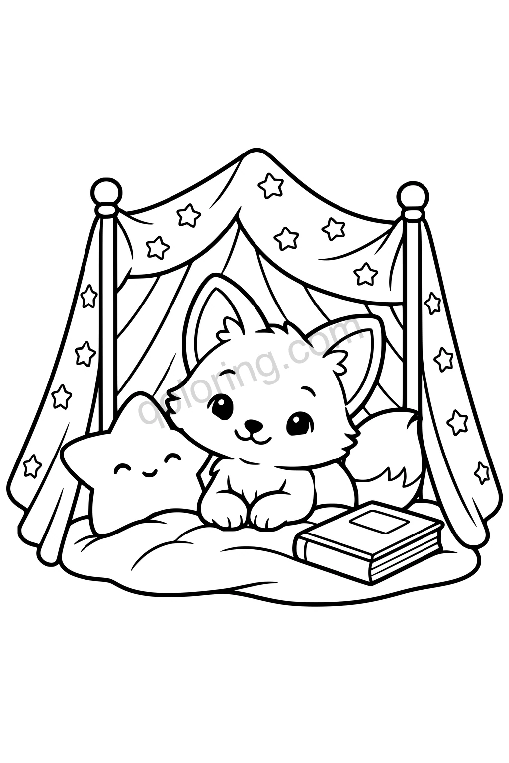 Black outline coloring page: Fox Cub Blanket Fort.