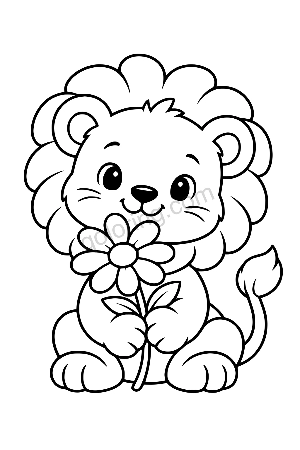 Black outline coloring page: Lion Cub with a Flower Mane.