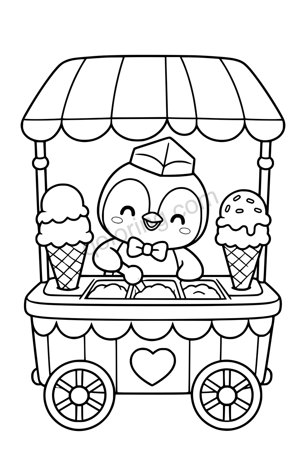 Black outline coloring page: Penguin's Ice Cream Cart.