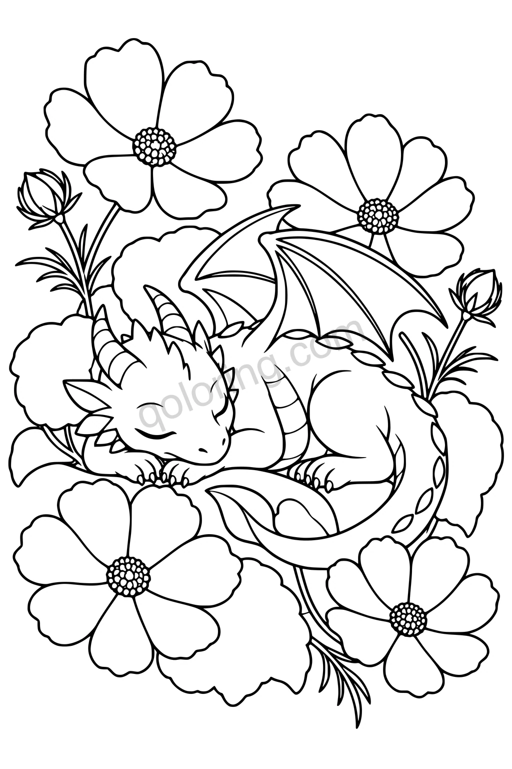 Black outline drawing of a sleeping dragon curled among large flowers and leaves, with two visible wings and a long curved tail.