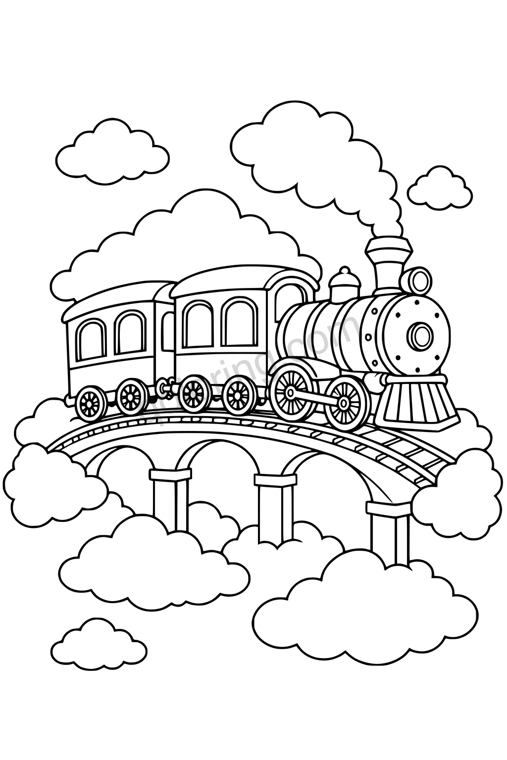 Black outline drawing of a steam train crossing an arched bridge surrounded by fluffy clouds.