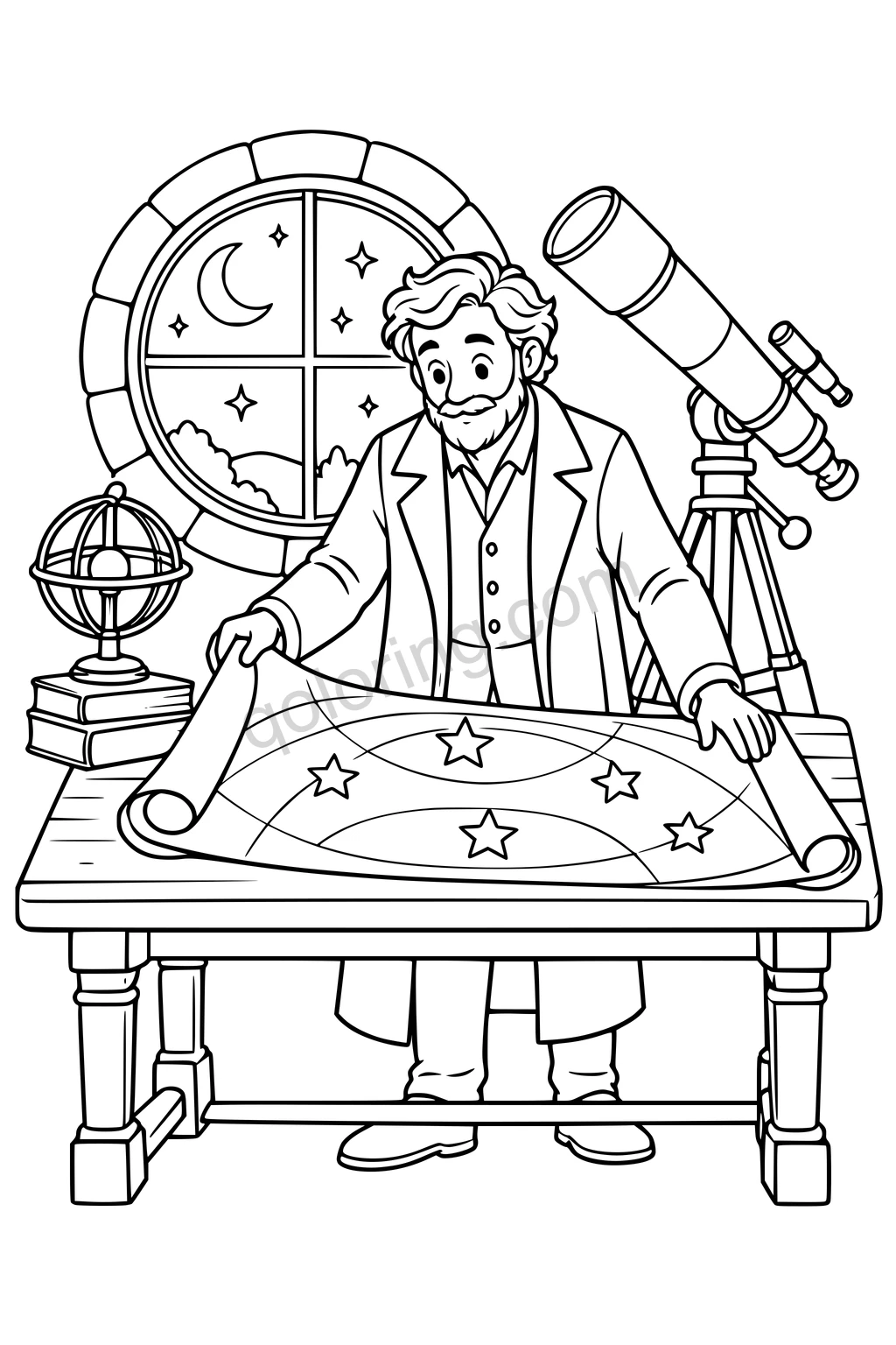 Black outline drawing of an astronomer unrolling a star chart beside a telescope.
