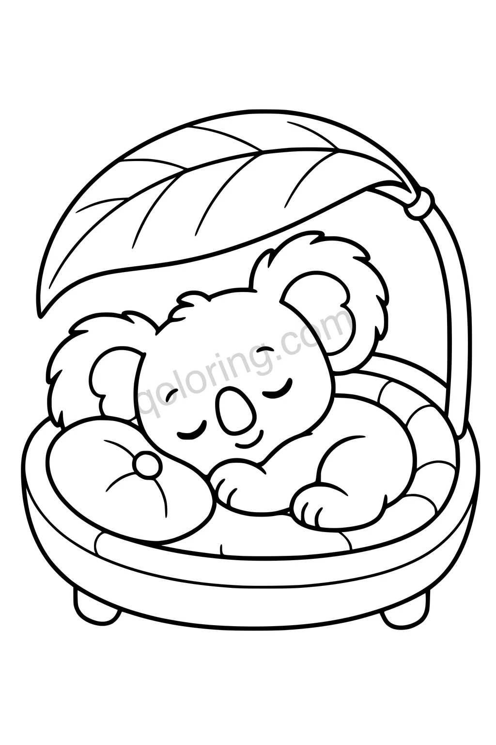 Black outline coloring page: Koala's Leafy Bedtime Nook.