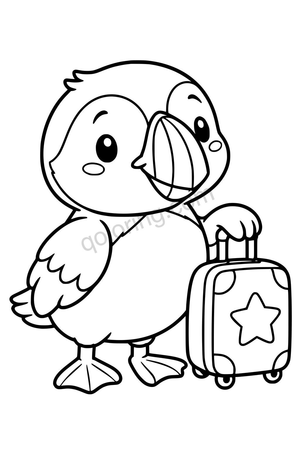 Black outline coloring page: Puffin with a Little Suitcase.