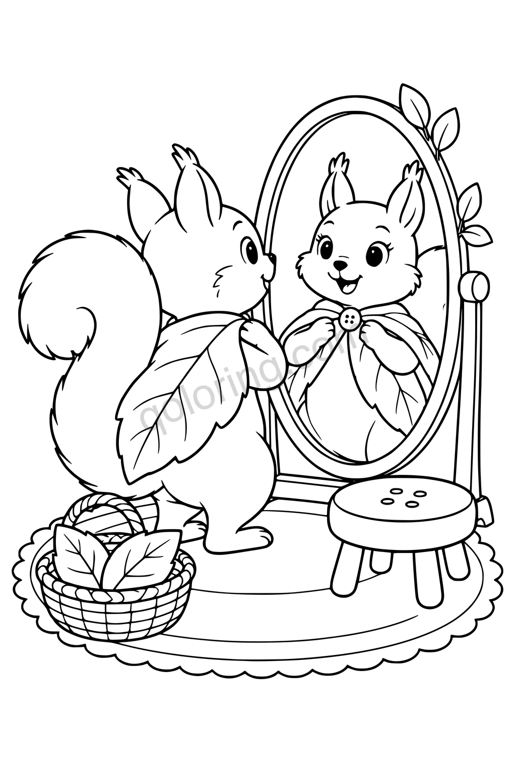Black outline drawing of a squirrel standing in front of an oval mirror trying on a simple broad leaf-shaped cape, with a basket of two large leaves and one round button stool.
