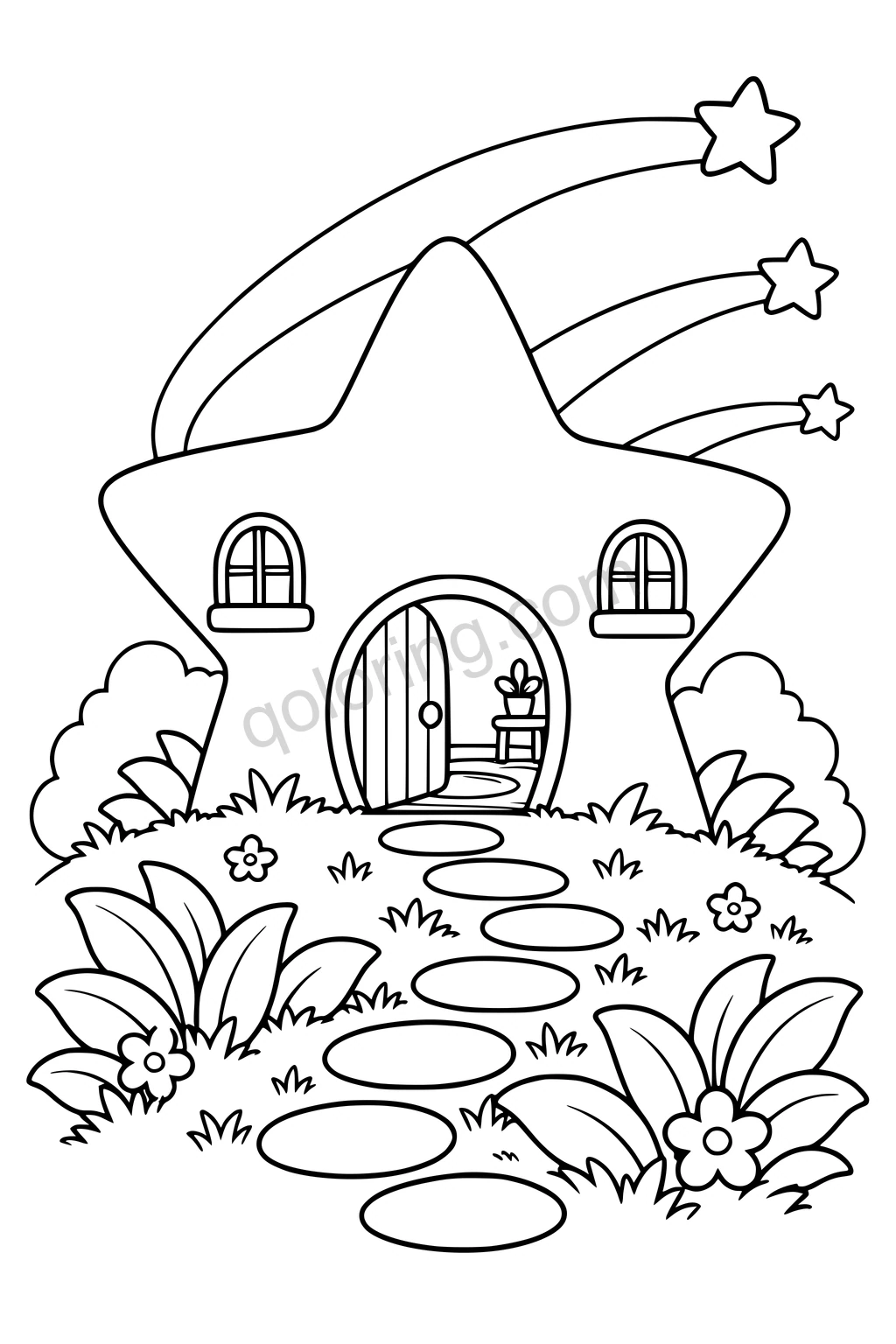 Black outline drawing of a star-shaped house with an open door and ribbon trails.