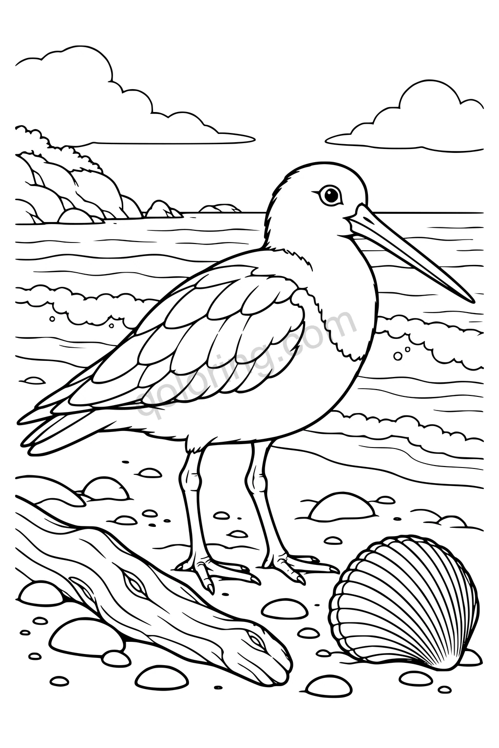 Black outline drawing of an oystercatcher on a shell beach.
