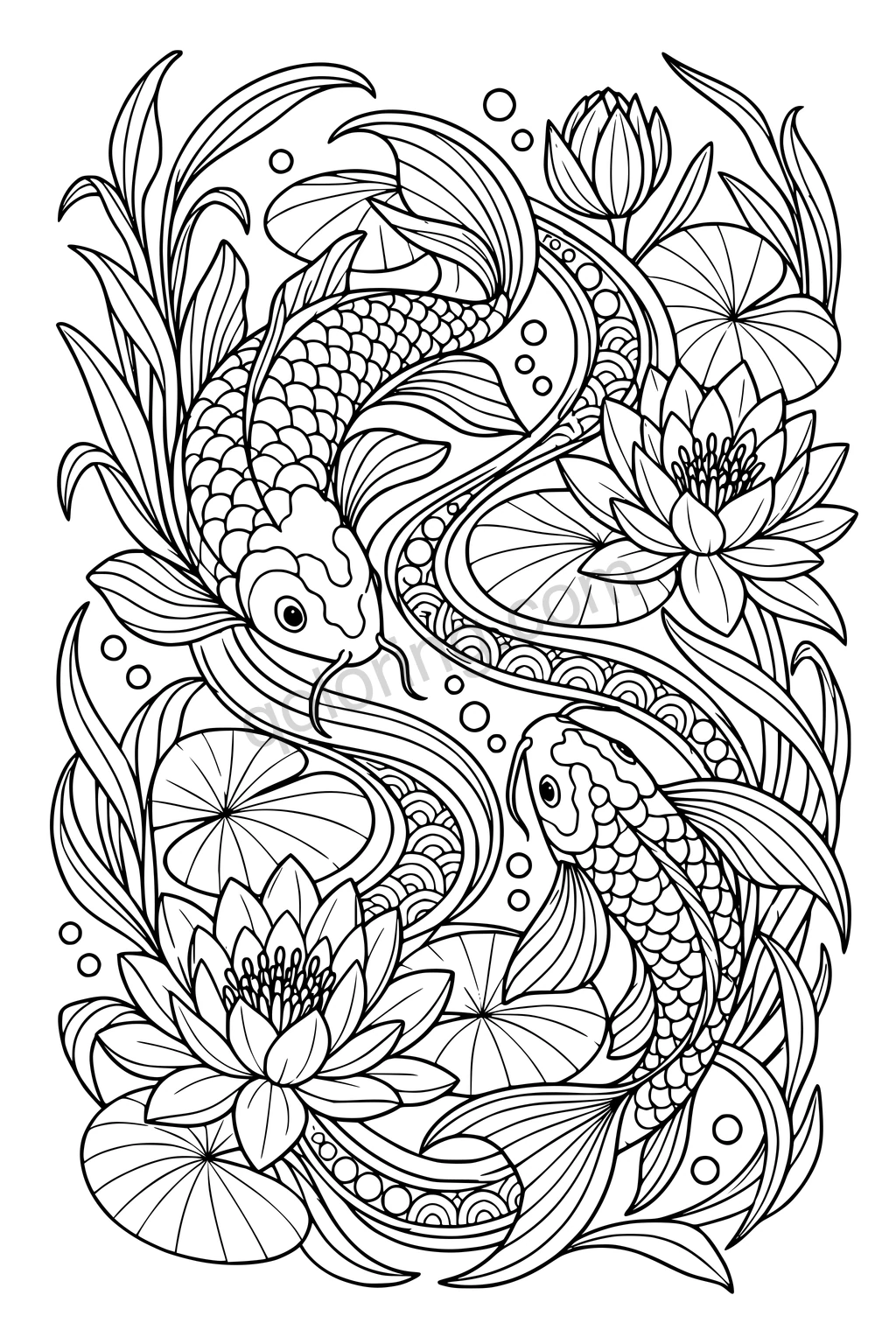 Two koi with patterned scales swim through curving water lines among water lilies, lily pads and bubbles.